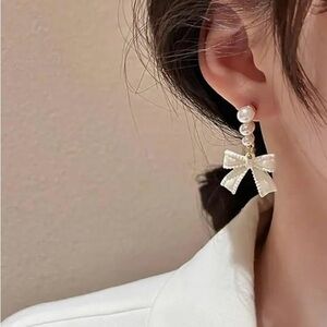 White Bow With Faux Pearls Women Earrings